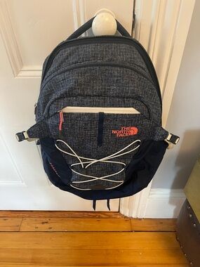 The North Face Gray and Navy Everyday Backpack with Coral Logo